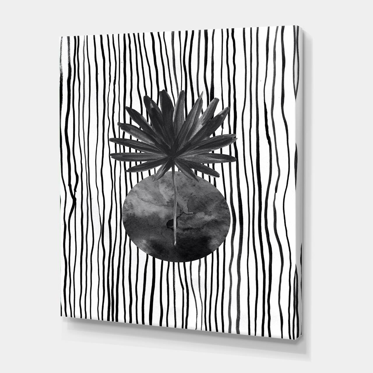 Designart - Black and White Tropical Leaf On Striped I - Modern Canvas Wall Art Print